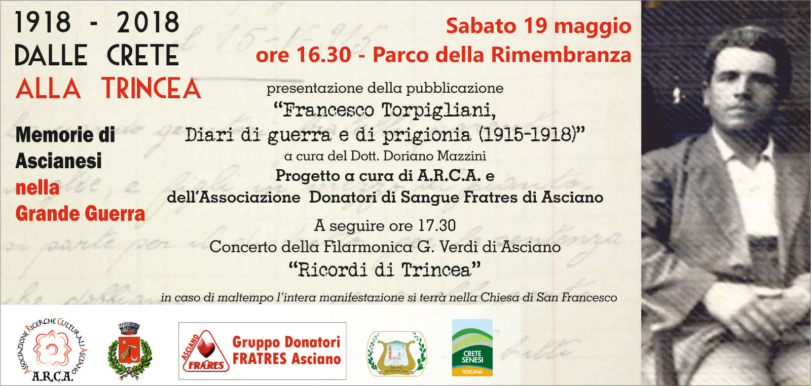 Presentazione della pubblicazione “Francesco Torpigliani, Diari di guerra e di prigionia (1915-1918)” – Sabato 19 maggio – Parco della Rimembranza – Asciano (SI)