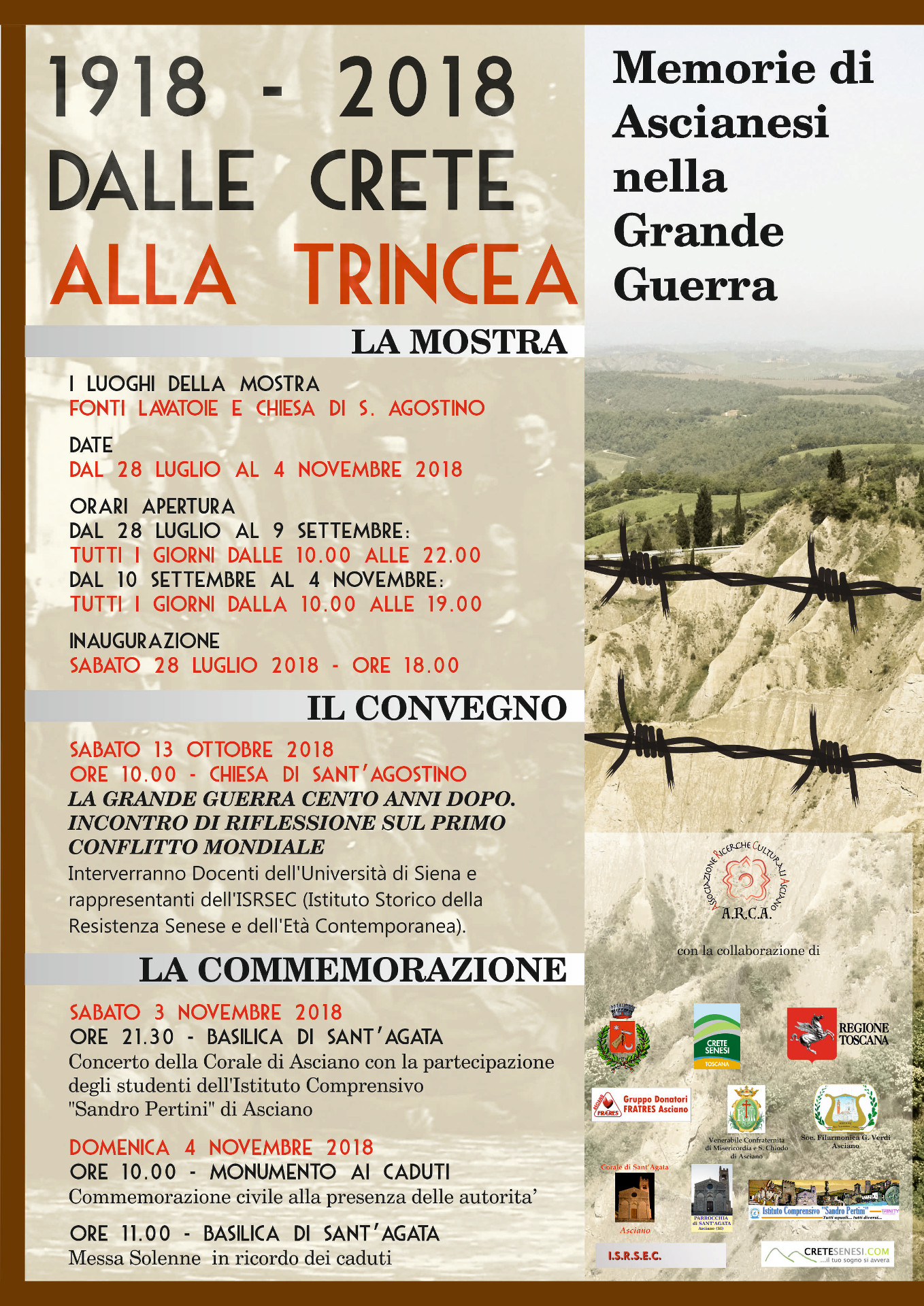 1918-2018 DALLE CRETE ALLA TRINCEA – Memorie di ascianesi nella Grande Guerra – Sabato 28 luglio ore 18:00 – Fonti Lavatoie Ottocentesche – Asciano (SI)