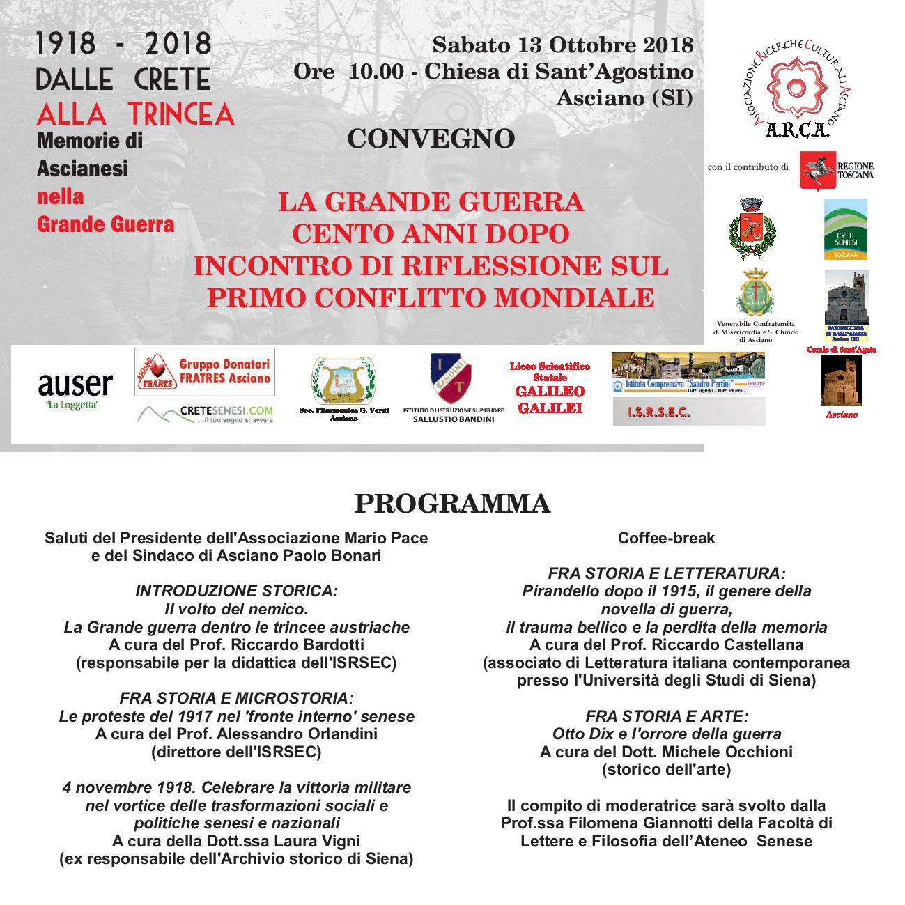 La Grande Guerra cento anni dopo. Incontro di riflessione sul primo conflitto mondiale – Sabato 13 Ottobre dalle ore 10:00 – chiesa di Sant’Agostino – Asciano (SI)