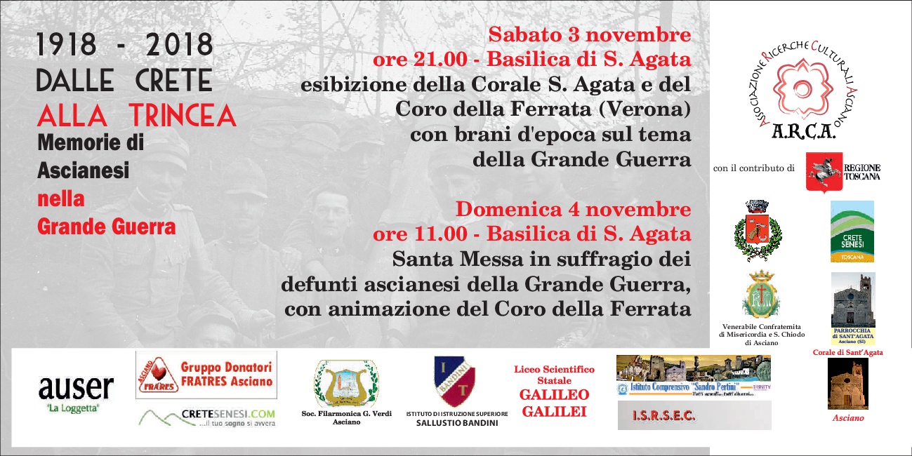 1918-2018 DALLE CRETE ALLA TRINCEA – Memorie di ascianesi nella Grande Guerra – Sabato 3 e Domenica 4 novembre – Basilica S.Agata – Asciano (SI)