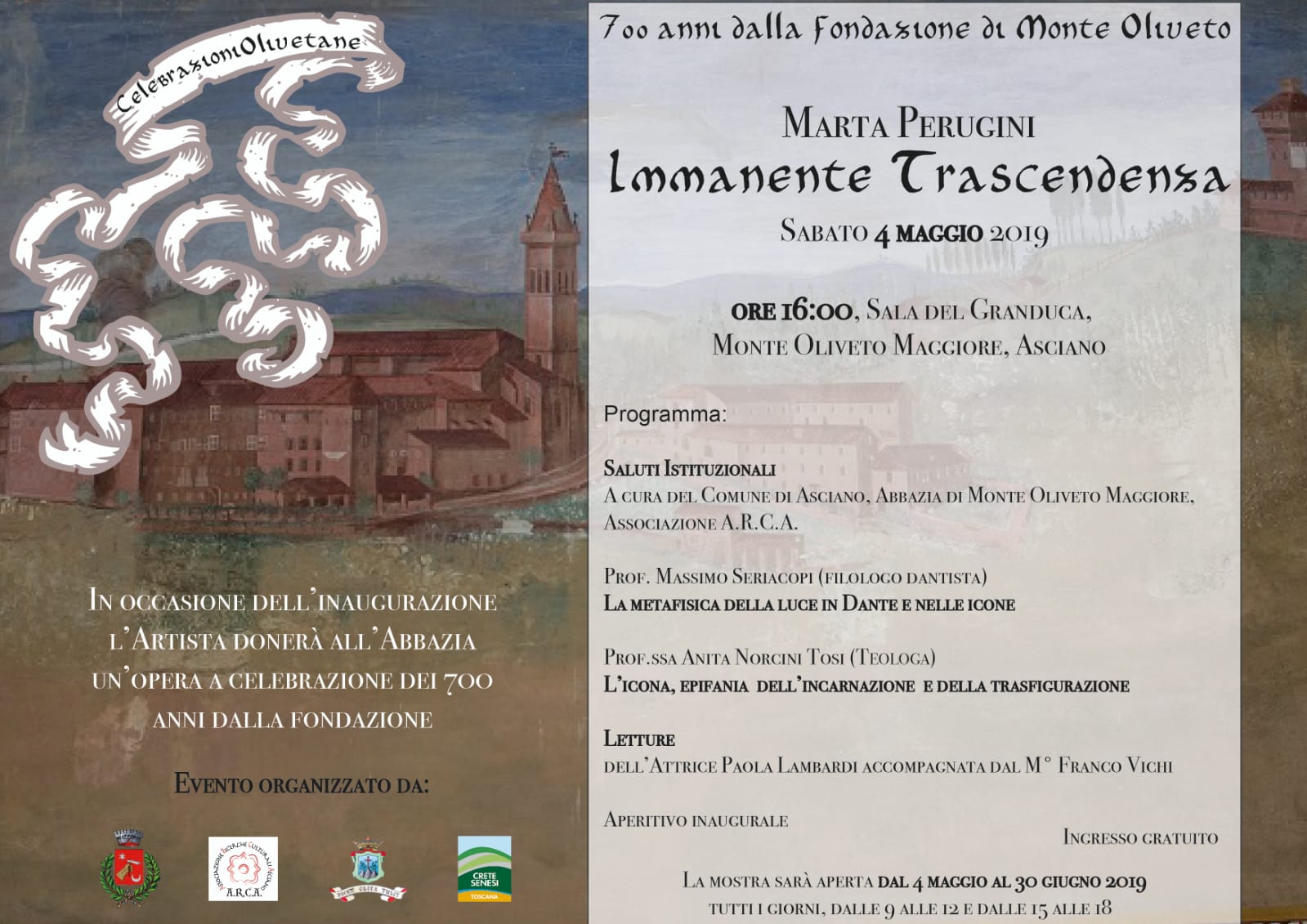 “Immanente trascendenza” – Inaugurazione sabato 4 maggio – ore 16:00 – Abbazia di Monte Oliveto Maggiore